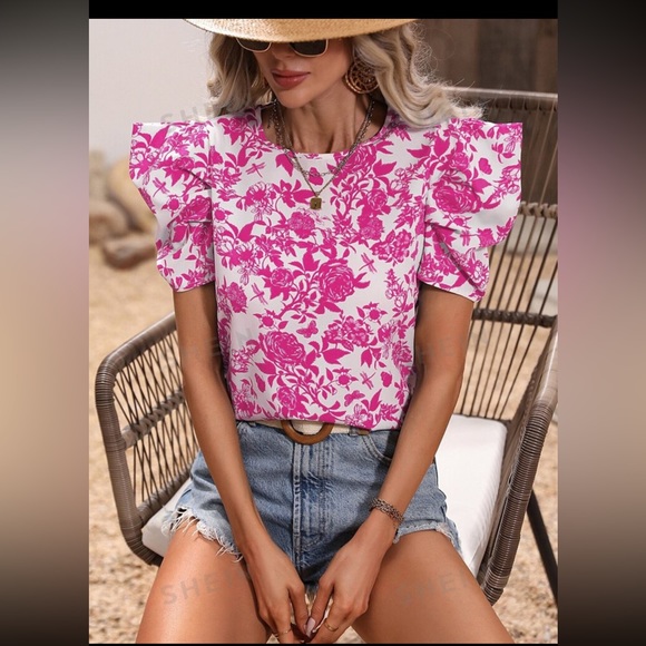 🫶 3 for $15! Size Medium NWOT Women Blouse Floral Puff sleeve blouse pink blouse - Picture 6 of 7